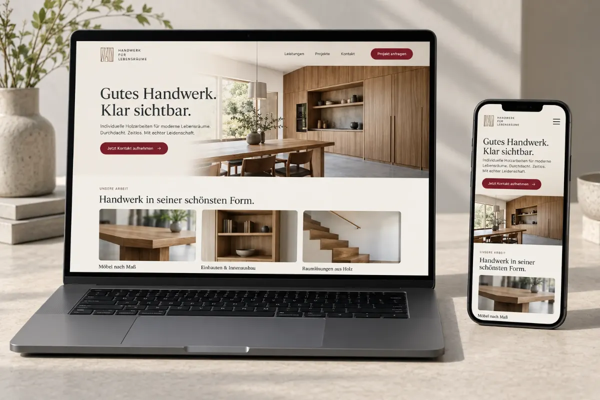 Website für Handwerk mit einer hochwertigen Innenausbau-Fotografie auf Laptop und Smartphone