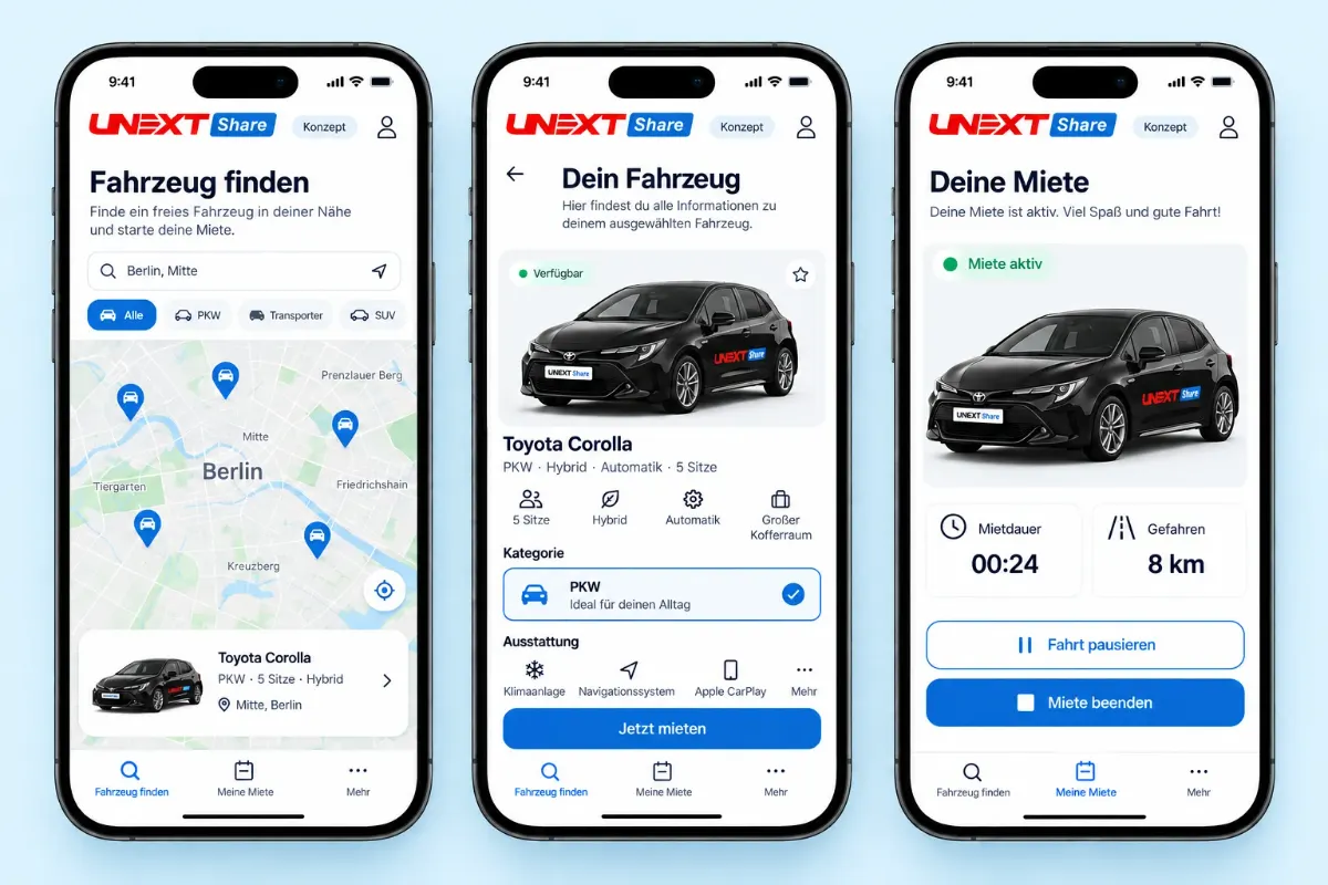 Drei App-Konzeptansichten: Fahrzeug auf der Berliner Karte finden, Toyota Corolla auswählen und laufende Miete ansehen