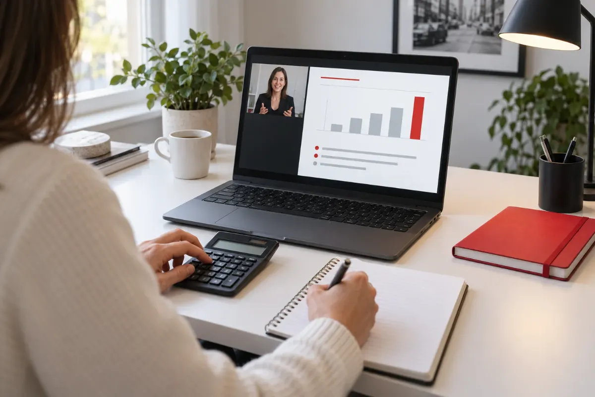 Live-Onlineunterricht mit Laptop, Lernunterlagen und Taschenrechner