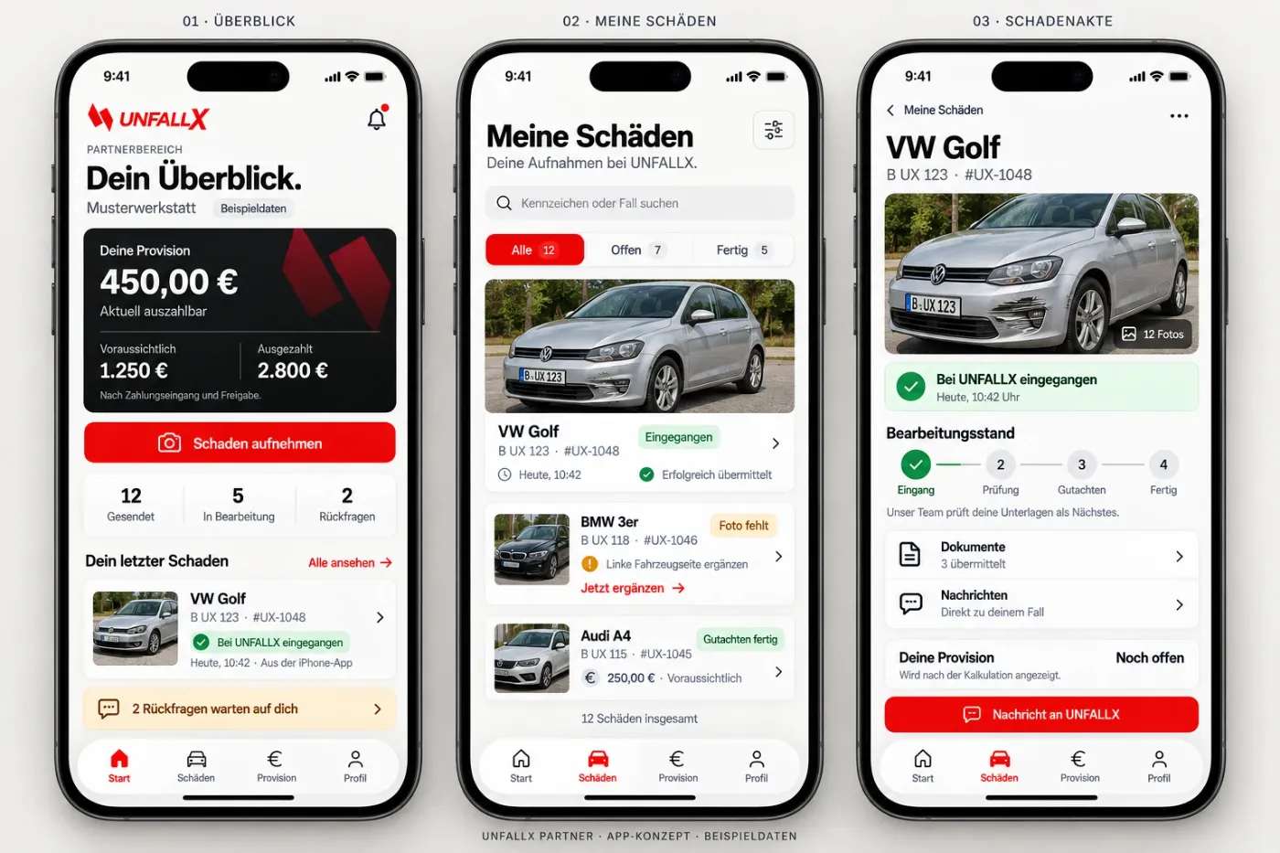 UNFALLX App-Konzept mit drei Smartphone-Ansichten